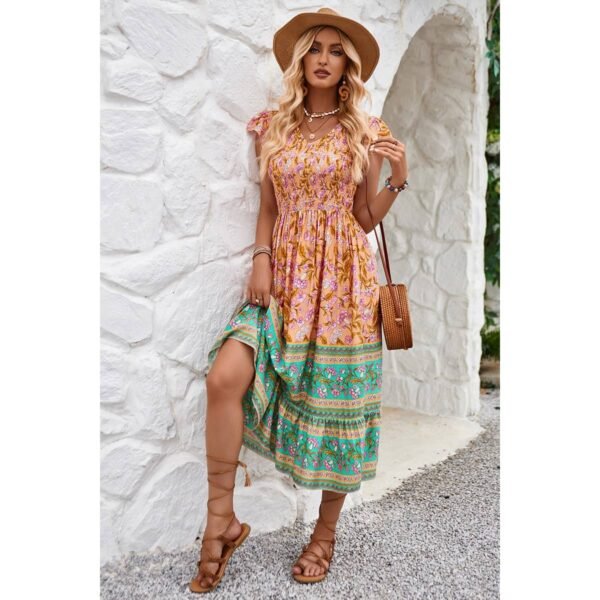 Boho Floral Smocked Midi Dress